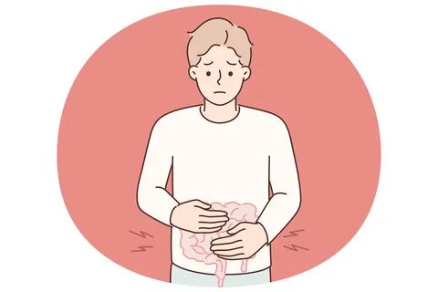 Man puts hands on stomach feeling pain in intestinal due to malnutrition or fast Stock Illustration