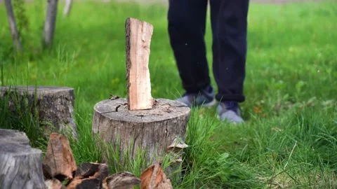 Man puts log on a stump and chops wood with an axe Stock Footage 193448511