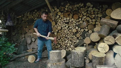 A man puts a log on a stump and chops it with an ax. Video stock 253488991