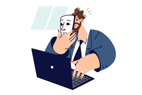 Man puts on mask, using internet and introduces himself as another person Stock Illustration
