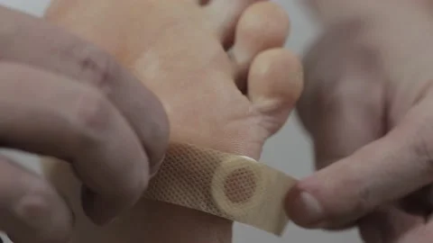 A man puts a medical patch on a plantar wart on his leg. Treatment plantar wart Video stock 166047181