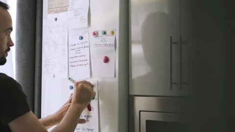 Man puts a note from the refrigerator door. Video stock 152539205