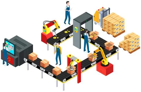 Man puts parcels in cardboard boxes. Conveyor with gears, spare parts passing Stock Illustration