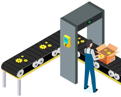 Man puts parcels in cardboard boxes. Conveyor with gears, spare parts passing Stock Illustration