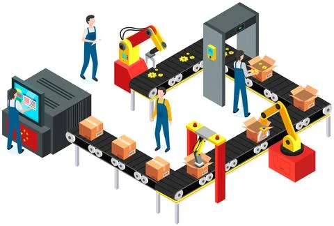 Man puts parcels in cardboard boxes. Conveyor with gears, spare parts passing Illustrazione stock