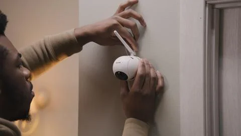 Man puts security camera on wall fastening Stock Photos