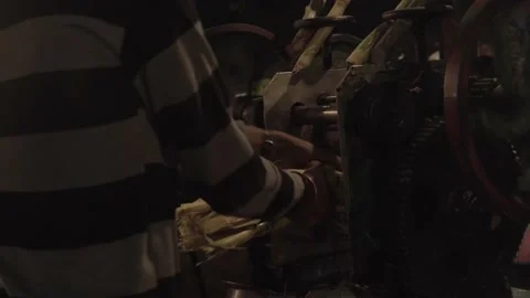 Man puts sugar canes through press to make cane sugar water drink Stock Footage 133355889