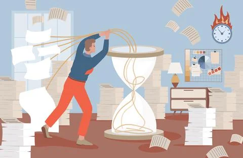 Man puts work projects in hourglass vector flat illustration. Time management Stock Illustration