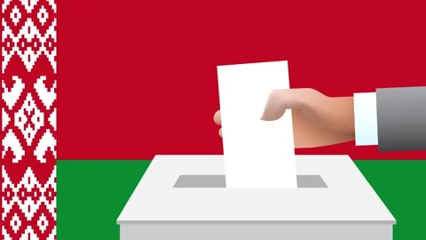 Man putting ballot in a box during elections in Belarus in front of flag. Stock Footage 266394527
