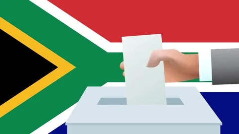 Man putting ballot in a box during elections in South Africa in front of flag Stock Footage 266394608