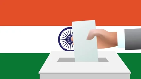 Man putting ballot in a box during elections in India in front of flag. Stock Footage 270686898