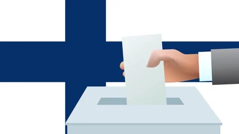 Man putting ballot in a box during elections in Finland in front of flag. Stock Footage 283533369