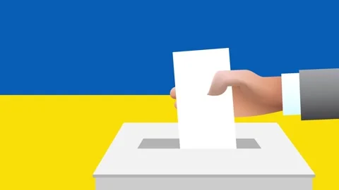 Man putting ballot in a box during elections in Ukraine in front of flag. Stock Footage 283533380