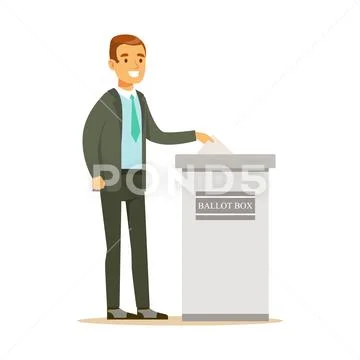Man putting a ballot into a voting box, casting vote vector character Stock Illustration