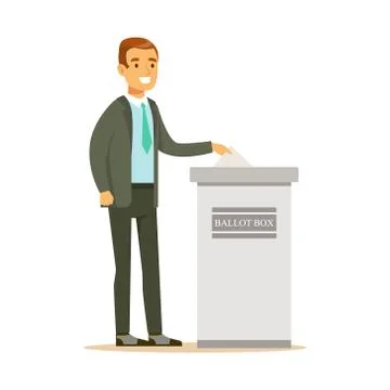 Man putting a ballot into a voting box, casting vote vector character Stock Illustration