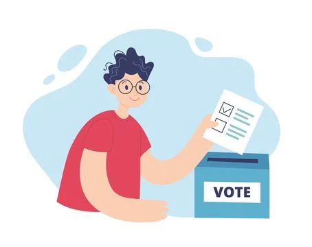 Man putting a ballot in a voting box. Election campaign concept, vector Stock Illustration