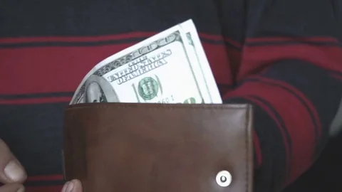The man putting dollar bill and bitcoin to his wallet. Stock Footage 84611959
