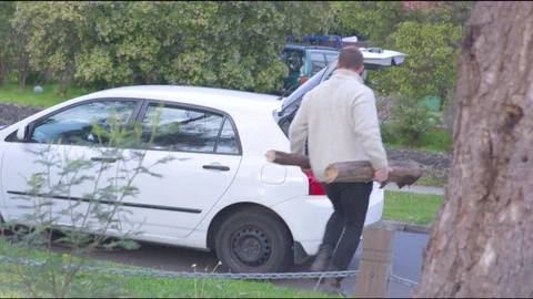Man putting firewood in car Video stock 76101907
