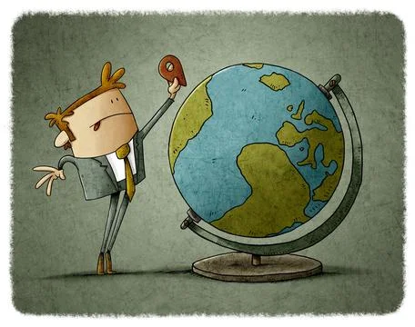 Man is putting a location icon somewhere on the globe Stock Illustration