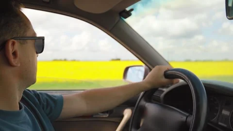 Man putting on sunglasses while driving a car along a yellow rapeseed field 스톡 동영상 322665814