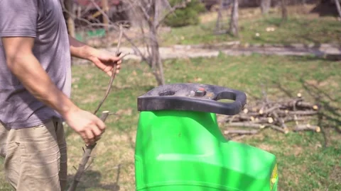 Man putting tree branches into garden shredder Stock Footage 316296456