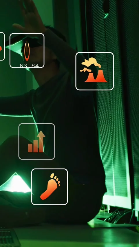 Man putting on VR and activating orange HUD, rising while gesturing to graphs, Stock-Footage 332985315