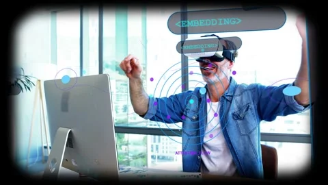 Man putting on VR headset, gesturing to animated HUD embedding tiles, demoing Stock Footage 333975342