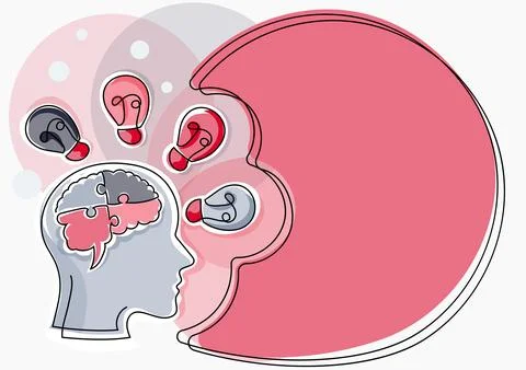 Man With Puzzled Brain Thinking New Brilliant Ideas Shown On Presentation Board Illustrazione stock