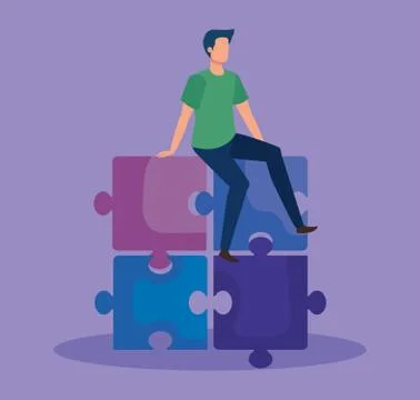 Man with puzzles data over purple background Stock Illustration