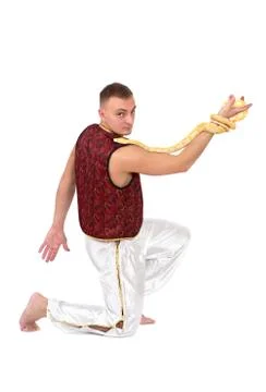 Man with python snake Stock Photos