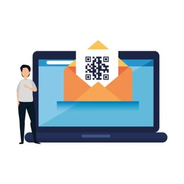 Man with qr code in envelope and laptop Stock Illustration