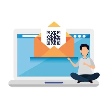 Man with qr code in envelope and laptop Stock Illustration
