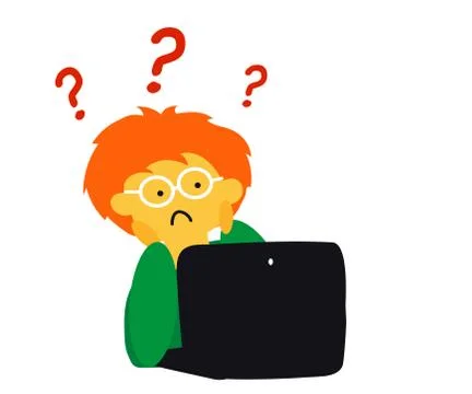 Man, question mark and computer. Cartoon. Vector Stock Illustration