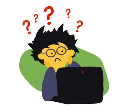 Man, question mark and computer. Cartoon. Vector Stock Illustration