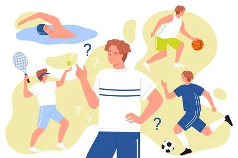 Man with question mark thinking about choice, choosing between swimming and ball Stock Illustration