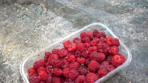 The man quickly eats raspberries and takes one berry after another Stock Footage 139689897