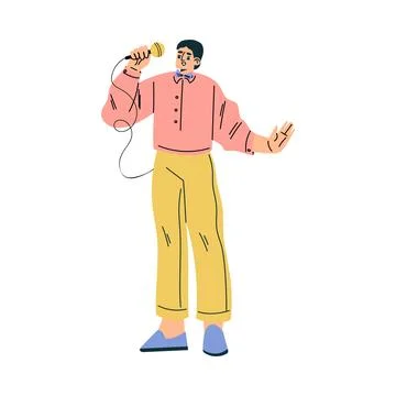 Man Quiz Game Host Standing with Microphone Vector Illustration Stock Illustration