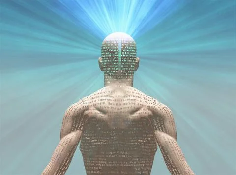 Man radiates light from text on his skin Stock Illustration