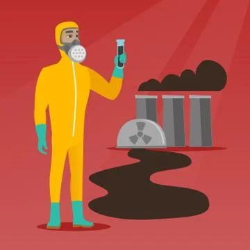 Man in radiation protective suit with test tube. Illustrazione stock