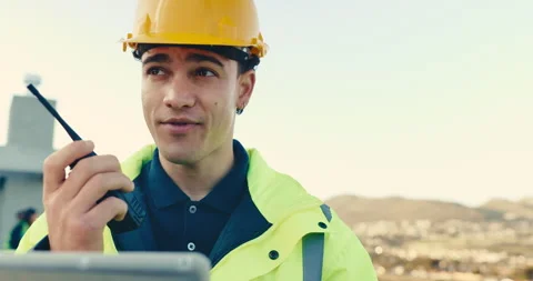 Man, radio and communication on construction site with tablet, quality assurance Stock Footage 345647041