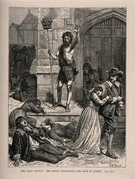 A man in rags announcing the forthcoming doom, during the great plague in L.. Stock Illustration