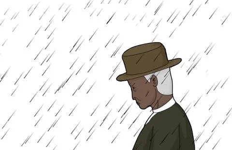 Man in Rain with Hat Stock Illustration