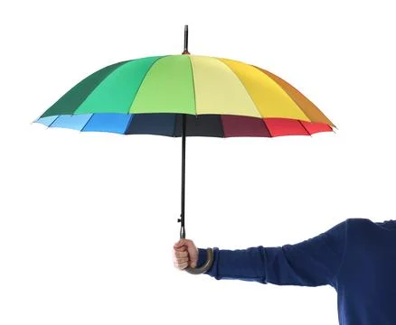 Man with rainbow umbrella on white background, closeup Photos