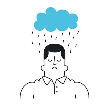 Man with raincloud above his head. Bad mood, depressive thoughts, sadness. Ou Stock Illustration