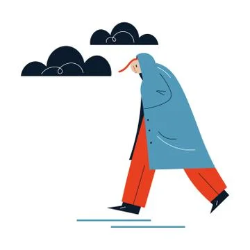 Man in raincoat hurrying up somewhere during rain in autumn イラスト素材