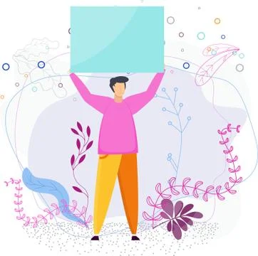 Man raised up empty banner. Flat cartoon style. Illustrazione stock