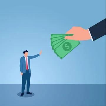 Man raises hand refusing money given by big hand of his boss, illustration .. Illustrazione stock