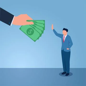 Man raises hand refusing money given by big hand of his boss, illustration .. Stock Illustration