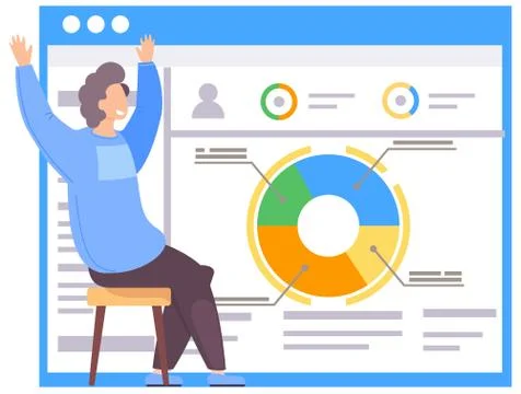 Man raises his hands. Work with statistics indicators and data analysis. Pie Stock Illustration