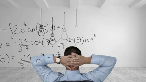 Man raising arms, leaning back, sparking wall math and bulbs, lit bulb signaling Stock Footage 330331329